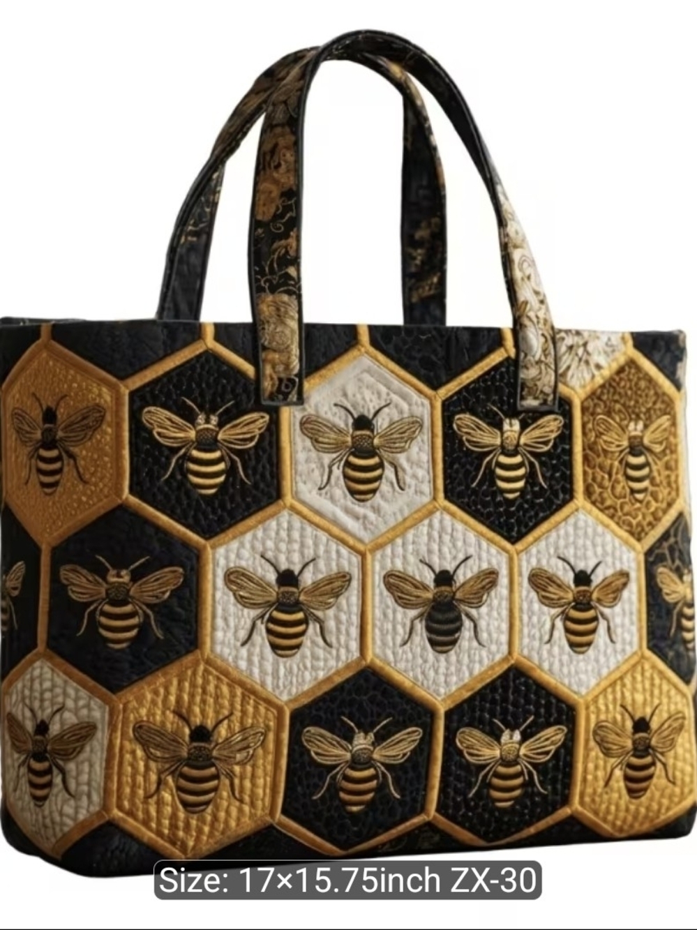 Bee Hexagon Quilted Tote Bag - Black, Gold, Cream